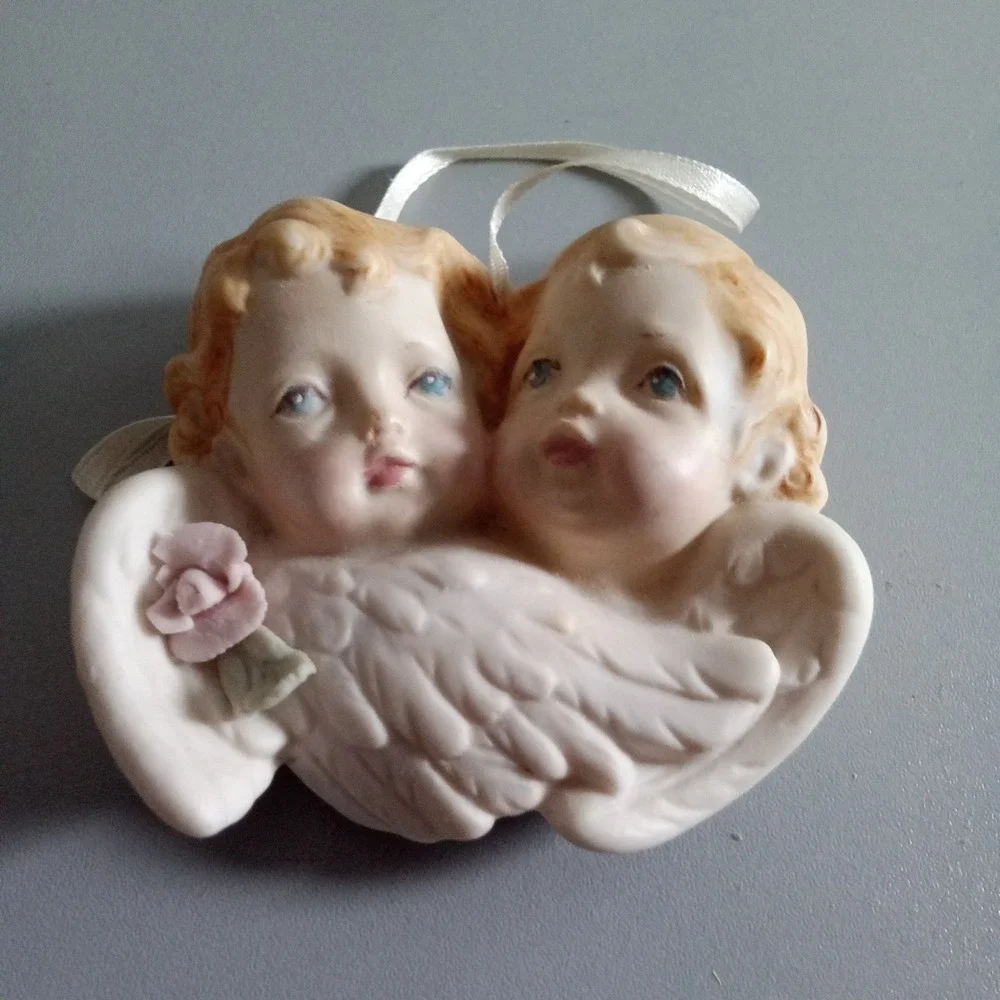 Vintage 1996 Porcelain Cherub Angel Ornament Pink Rose Victorian Decor 3in